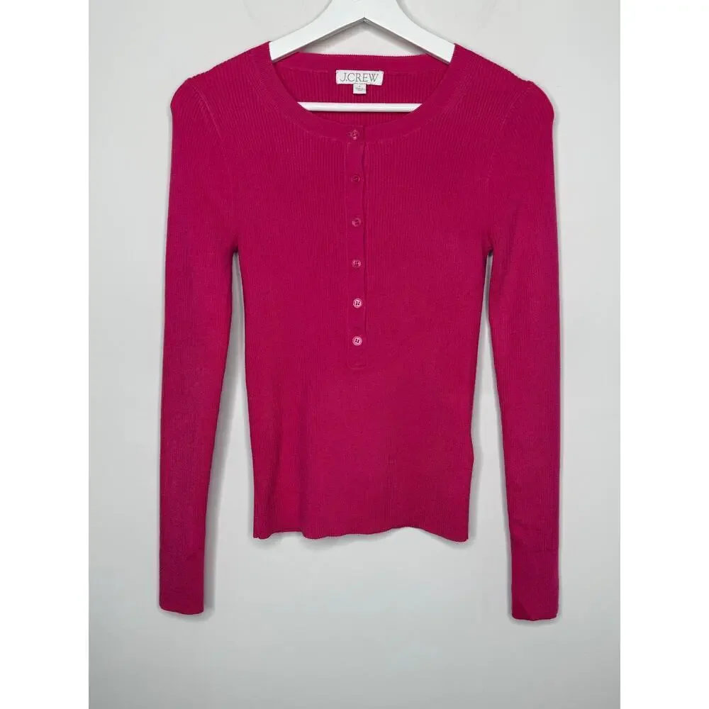 J. Crew TENCEL Blend Long Sleeve Henley Sweater Hot Pink Women's Size Small